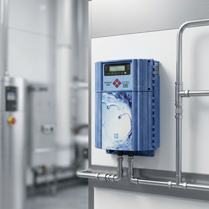 Un analyseur Testomat 2000 bleu monté sur un panneau blanc dans une installation industrielle propre, surveillant automatiquement la dureté de l'eau. Des conduites d'eau en acier inoxydable y sont raccordées et un équipement de traitement de l'eau est visible en arrière-plan.