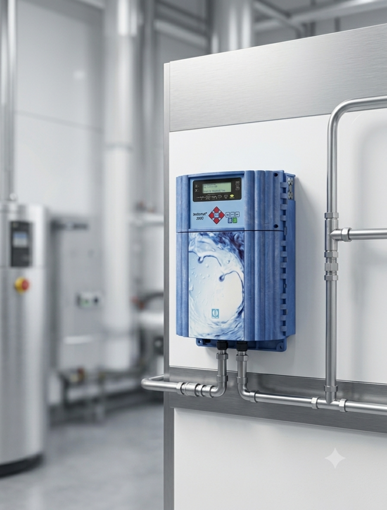 Un analyseur Testomat 2000 bleu monté sur un panneau blanc dans une installation industrielle propre, surveillant automatiquement la dureté de l'eau. Des conduites d'eau en acier inoxydable y sont raccordées et un équipement de traitement de l'eau est visible en arrière-plan.